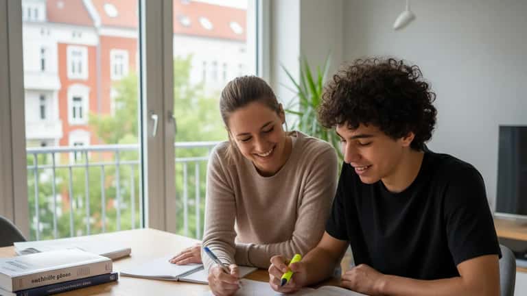 Studentin gibt einem Jugendlichen Nachhilfe an einem hellen Schreibtisch in einer modernen Berliner Wohnung