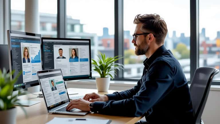 HR manager reviewing AI recruitment tool results on a laptop in a modern London office