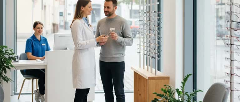 British optometrist examining a patient's eyes with a slit lamp in a modern optician's practice