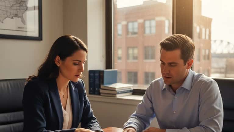 Employment attorney and client reviewing non-compete agreement in a St. Louis Missouri law office conference room