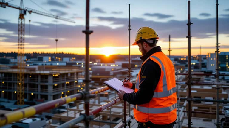 Sähköasentaja täyttää ylityökirjanpitoa rakennustyömaan parakissa Tampereella