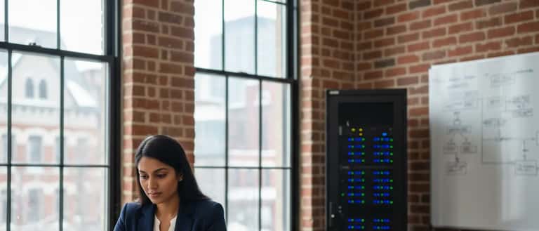 Canadian business owner reviewing IT support proposals on a laptop in a Toronto office with server rack and whiteboard in background