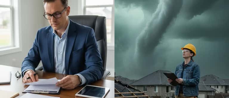 Tornado approaching a suburban neighbourhood with lawyer reviewing insurance claim documents