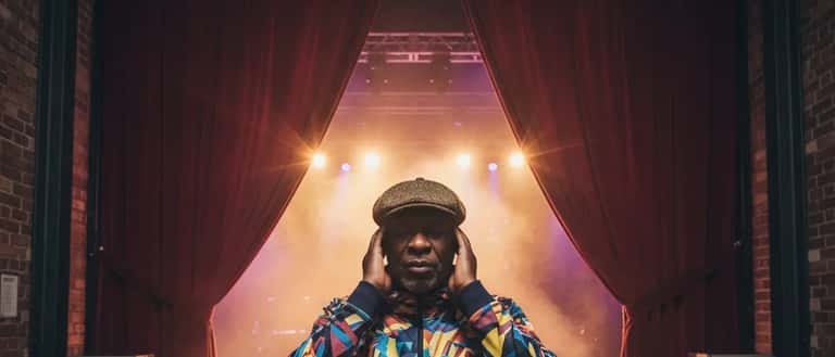 Black British musician backstage at a Manchester music venue pressing hands to ears with concert stage lights glowing behind velvet curtains