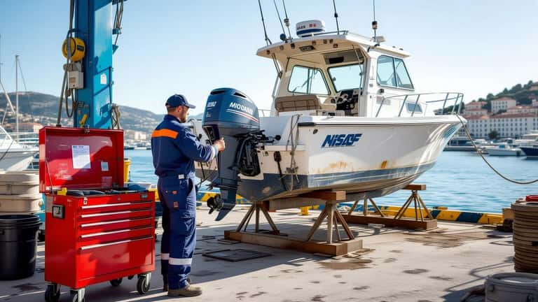 Mécanicien naval inspecte le moteur hors-bord d'un Cap Camarat sur cale sèche dans un port méditerranéen