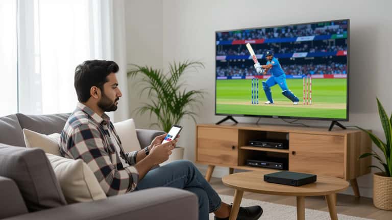 Mann mit Smartphone schaut auf gefrorenen Smart TV Cricket-Stream India vs Zimbabwe