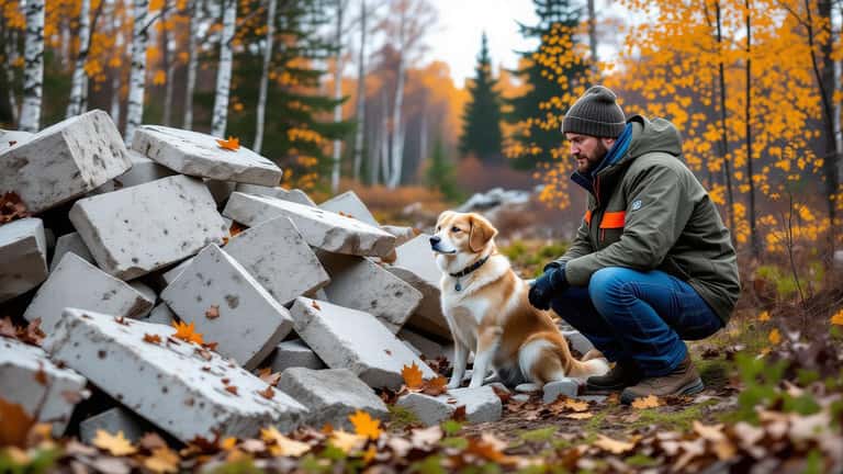 Hundägare vid betonghål i skogen letar efter sin hund som fastnat i byggavfall