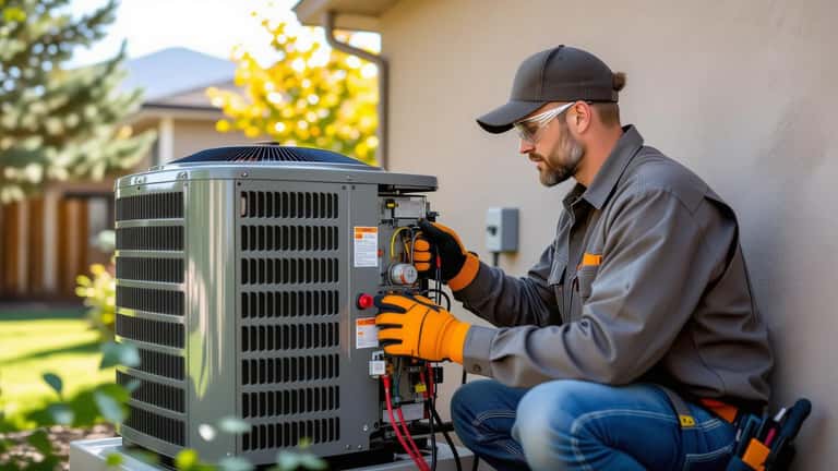 HVAC technician examining outdoor AC condenser unit with gauge manifold in suburban Denver Colorado