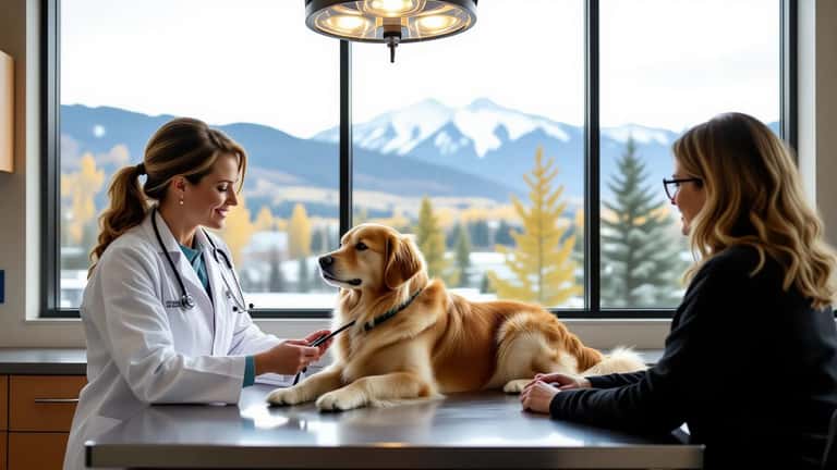 Veterinarian examining golden retriever during Kelowna wildfire smoke air quality advisory