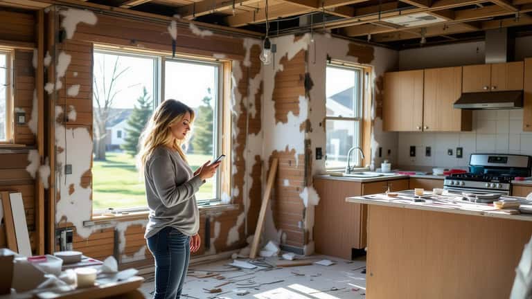 A woman stands in a gutted, unfinished kitchen with exposed studs and construction debris, trying to reach her contractor by phone