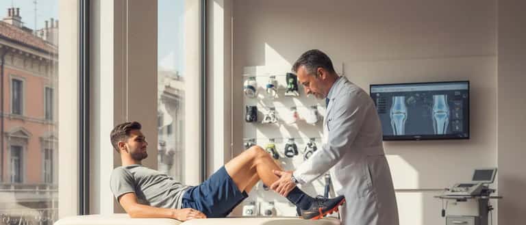 Medico dello sport italiano in camice bianco che visita il ginocchio di un calciatore in uno studio medico a Milano