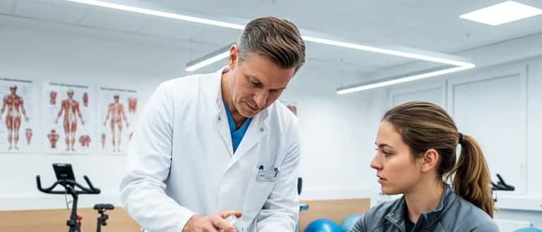 Deutscher Sportmediziner untersucht Hand eines Patienten mit Vibrationssyndrom in einer Stuttgarter Sportklinik