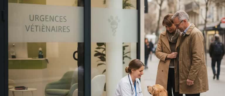 Veterinary surgeon examining a golden retriever on a steel table in a brightly lit emergency clinic at night