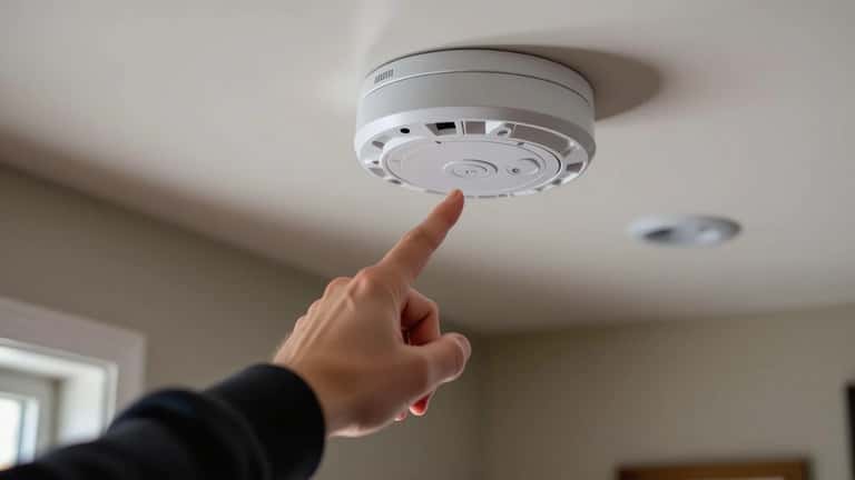 Résident testant un détecteur de fumée fixé au plafond dans une maison canadienne