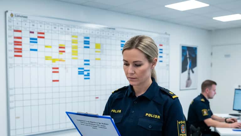 Polis granskar skiftschema i operationsrum på polisstation i Linköping med veckoschema på väggtavla