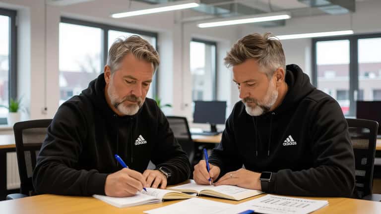 Professional schrijft Nederlandse woordenschat in notitieboek tijdens taalles in Amsterdams kantoor