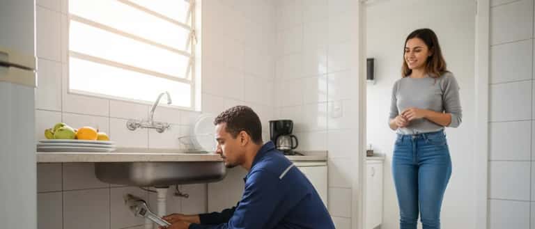 Encanador brasileiro ajustando tubulação embaixo de pia em apartamento de São Paulo com luz natural