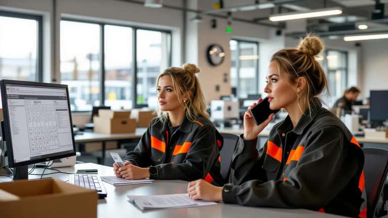 Lagerarbetare i Uppsala planerar sin tidbank och ledighet med schema på mobiltelefon i lagerbyggnadens lunchrum