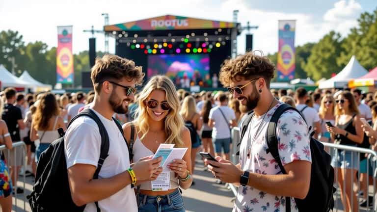Festivaliers vérifiant leurs billets à l'entrée d'un festival de musique en plein air en France
