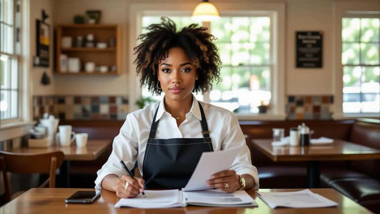 Black American woman in server apron studying a pay stub at a break room table in Richmond Virginia, labor law poster blurred in background