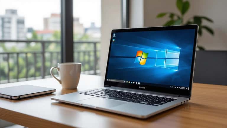 Mesa de desenvolvedor com notebook Windows 11 exibindo terminal Linux WSL em ambiente corporativo moderno