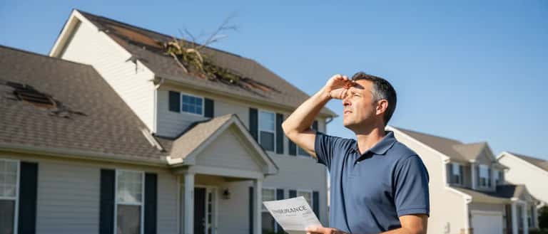 Homeowner holding insurance form in front of damaged house roof after meteorite impact