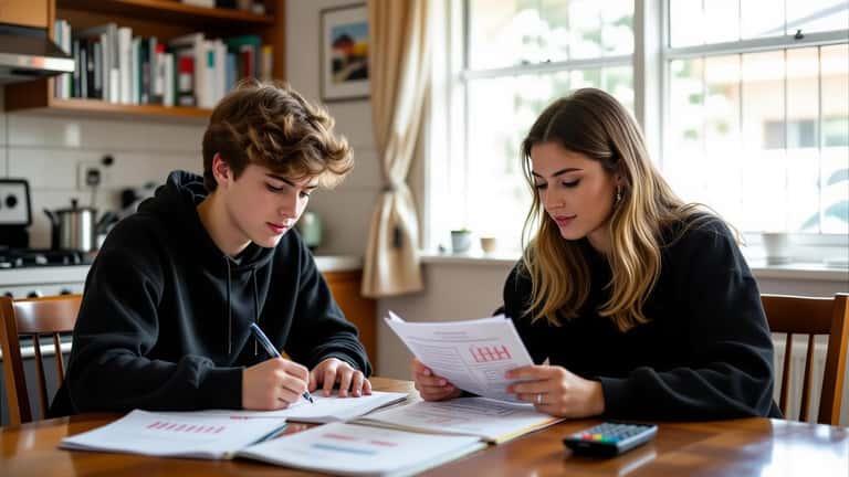 Student and tutor reviewing algebra worksheet at kitchen table in suburban Melbourne home