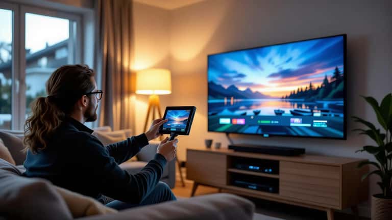 Technicien réglant un téléviseur home cinéma dans un salon tamisé avec une sonde de calibration