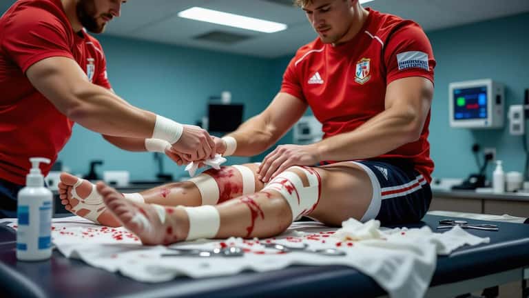 Sports physiotherapist applying bandage to a rugby player's stitched leg laceration in a stadium treatment room