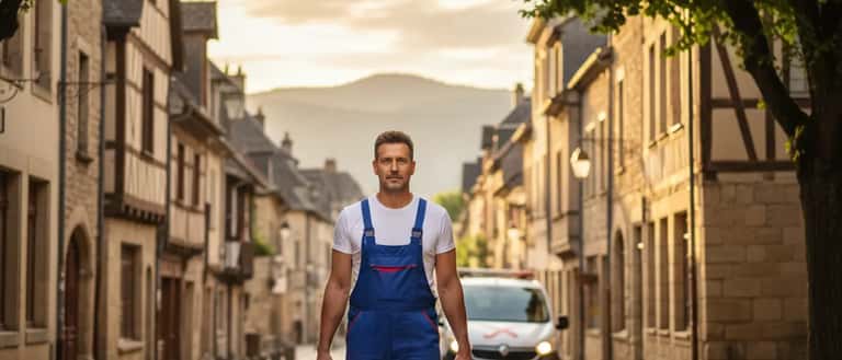 British homeowner kneeling under a kitchen sink to turn off a stopcock valve with a small puddle on the floor