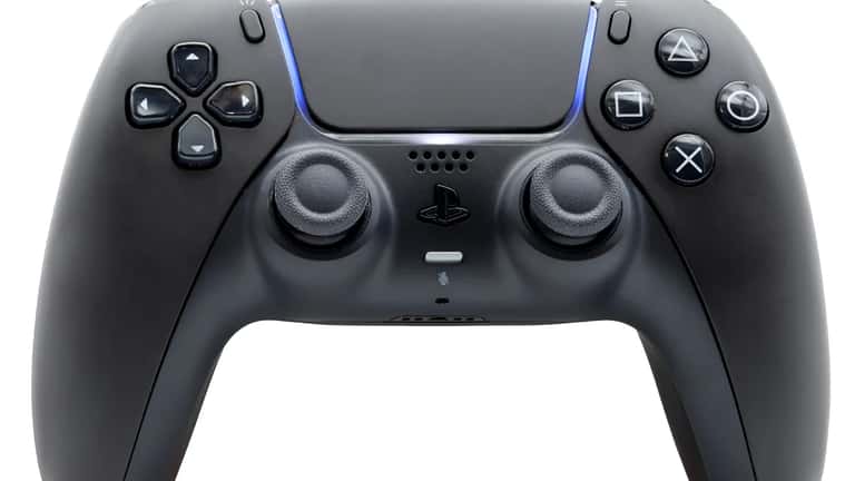 PlayStation 5 DualSense controller in Midnight Black showing front face buttons and adaptive triggers