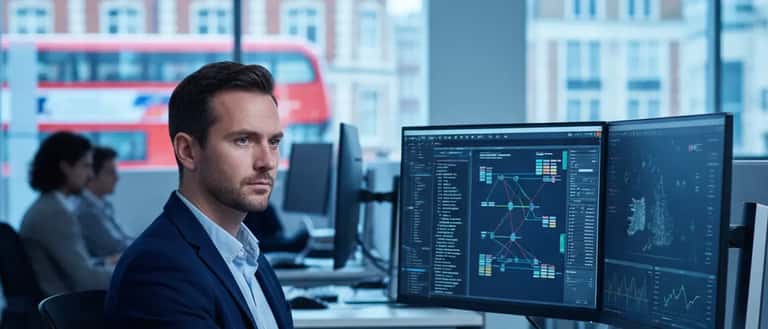 UK cybersecurity IT specialist monitoring national grid infrastructure threats on multiple screens