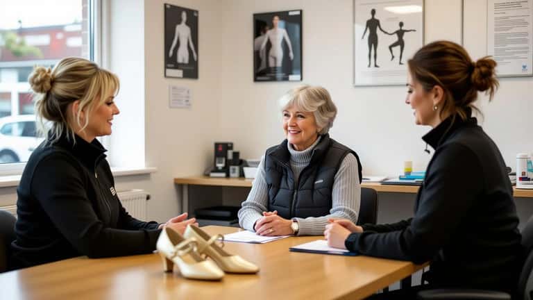 Physiotherapist consulting a woman in her 60s about starting ballroom dancing, Cardiff physiotherapy clinic