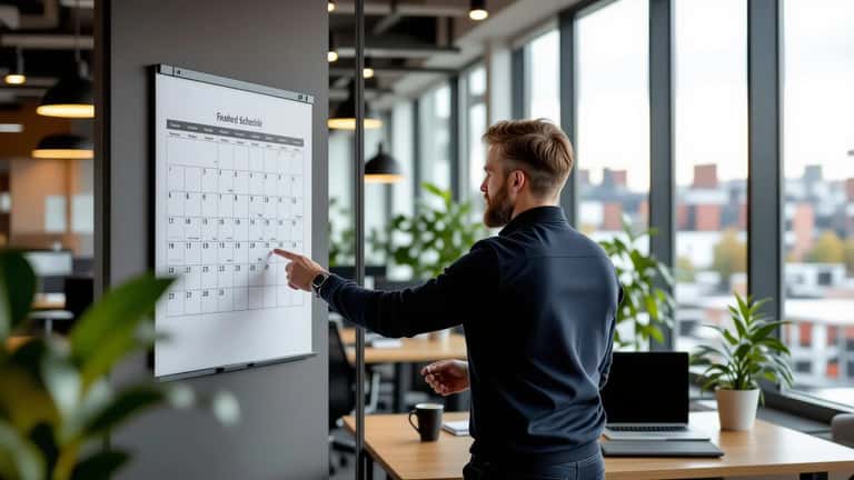 Tjänsteman justerar flextidsschema på väggkalender i modernt Göteborg-kontor, overcast dagsljus