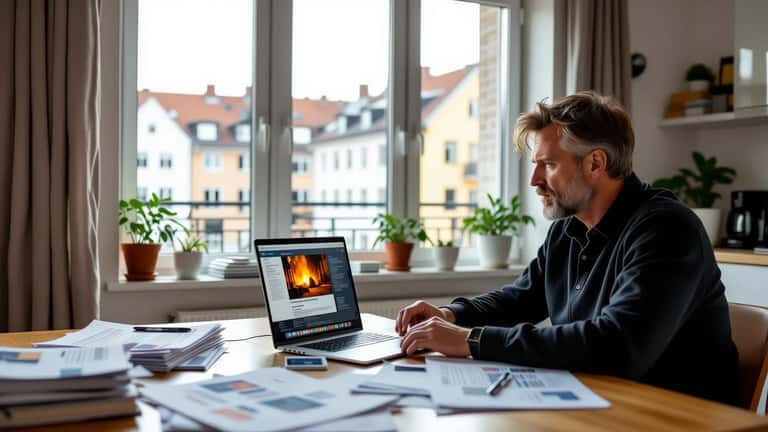 Dansk mand gennemgår rejseforsikringsdokumenter og politirapport ved et bord i en københavnsk lejlighed