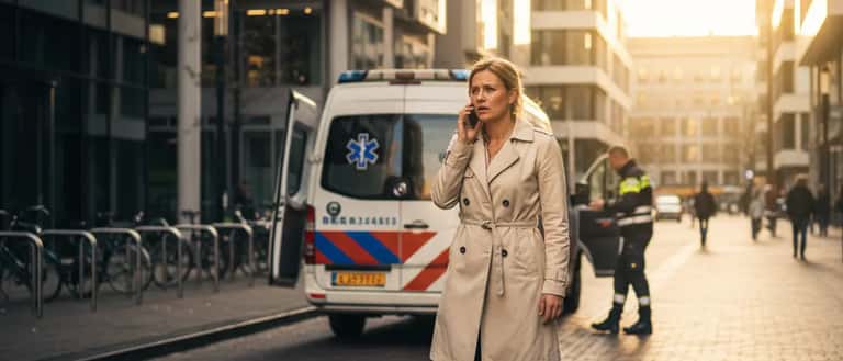 Nederlandse vrouw belt op straat terwijl ambulance op de achtergrond staat
