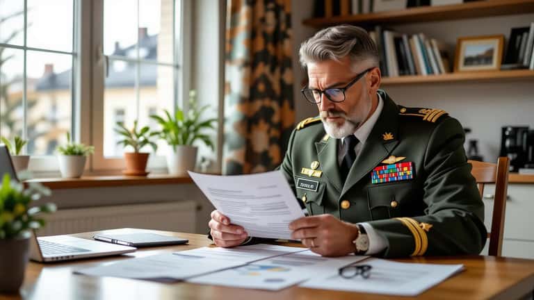 Statlig tjänsteman i 50-årsåldern studerar pensionsbesked vid köksbord hemma i Stockholm, SPV-handlingar, eftertänksam planering
