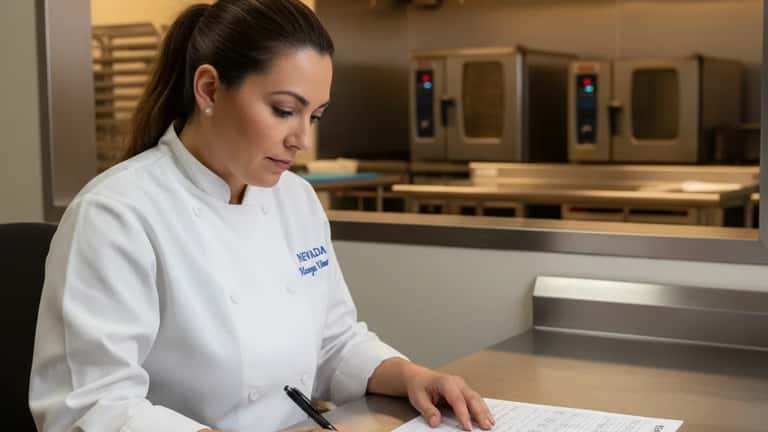 Reno Nevada restaurant owner reviews payroll sheets at kitchen counter, Nevada minimum wage poster on wall