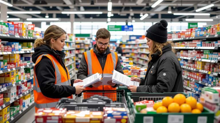 Retail workers in a UK supermarket reviewing their pay agreement in 2026