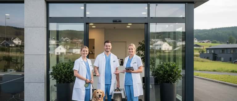 Norsk veterinær undersøker en golden retriever på en moderne dyreklinikk