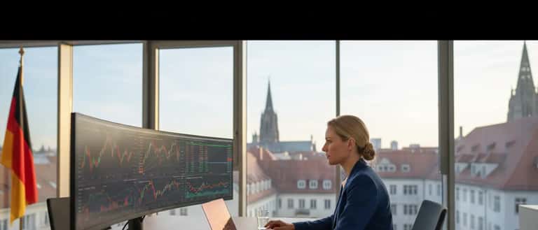 Deutscher Finanzberater in modernem Büro analysiert Aktienportfolio auf Bildschirm