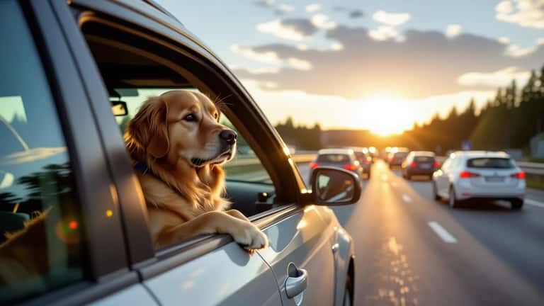 Flämtande hund i baksätet på en bil som står stilla i kö på motorväg E20 en varm sommardag