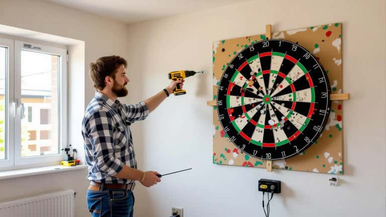 UK homeowner installing a dartboard at regulation height in a spare bedroom, measuring tape showing 1.73 metres on the wall, power drill on the floor