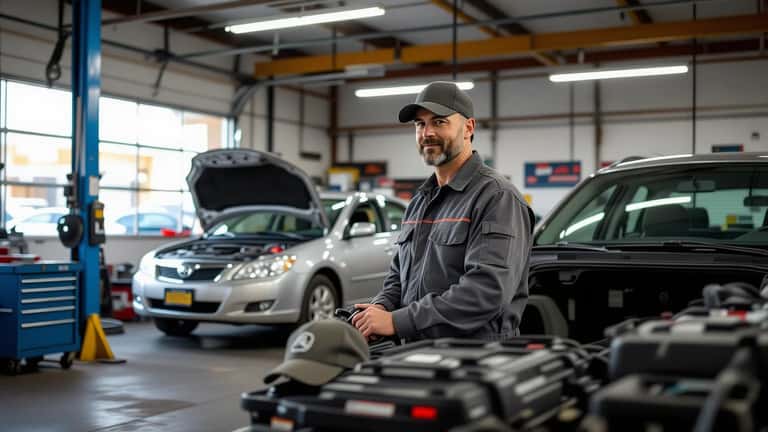 Mécanicien vérifiant les pneus et le liquide de refroidissement d'une voiture familiale chargée de bagages dans un garage au Québec