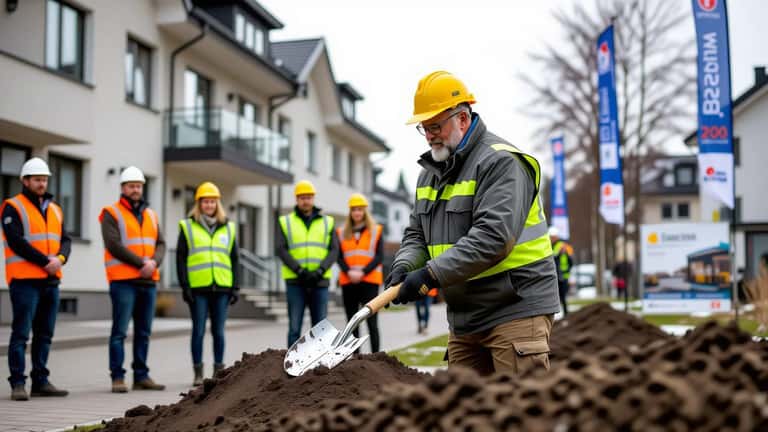 Kommunal tjänsteman med guldspade tar första spadtaget vid byggnadsceremoni i Sverige