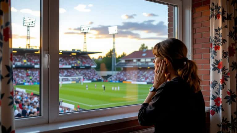 Svensk husägare skyddar öronen mot buller från ett fotbollsstadion nära bostaden