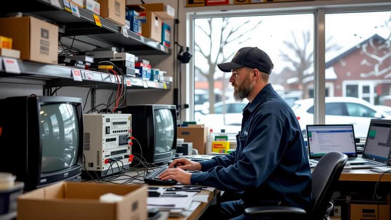 Consumer electronics technician examining a melted surge protector in a Toronto repair shop during severe storm season 2026