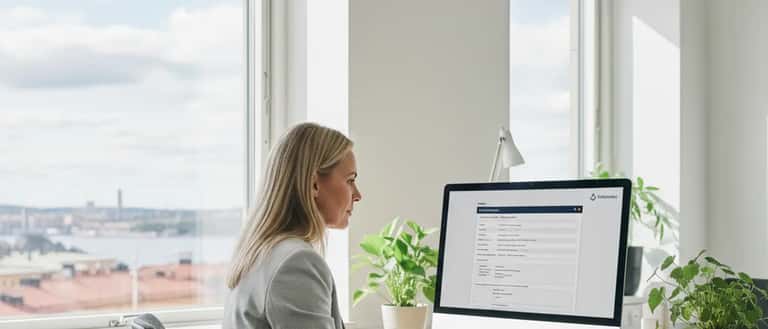 Kvinna i Stockholm granskar sin skattedeklaration på dator med Skatteverket-dokument synliga