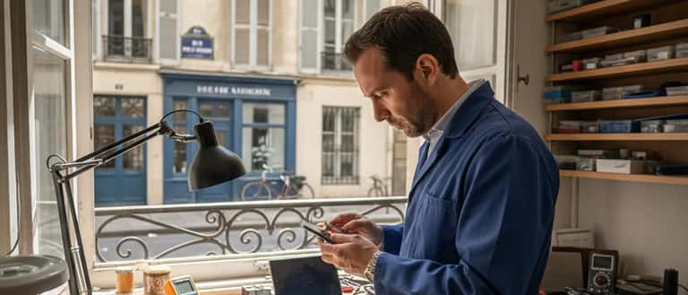 Technicien électronique français examinant un iPhone dans un atelier de réparation
