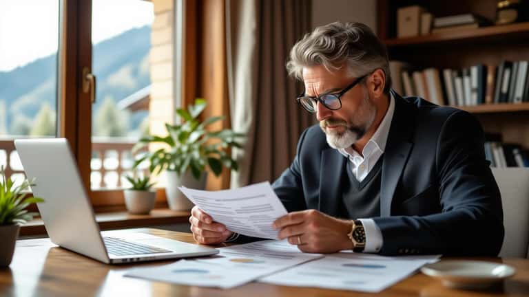 Professionnel suisse analysant ses comptes d'épargne-retraite avec des pièces en francs suisses sur son bureau à Berne